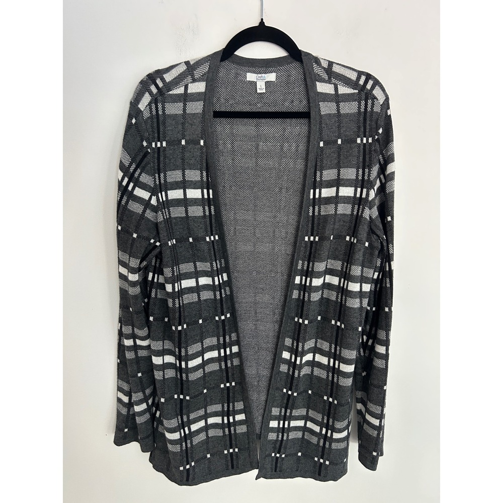 Womens Gray White Plaid Open Front‎ Cardigan Sweater Large Lightweight Cotton